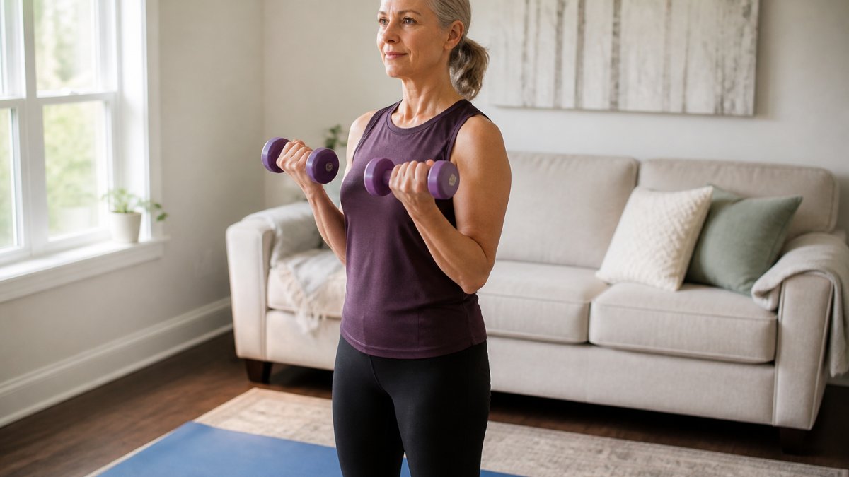 A woman in her fifties lifting light dumbbells in a bright living room, wearing comfortable workout clothes, with a yoga mat and resistance bands nearby