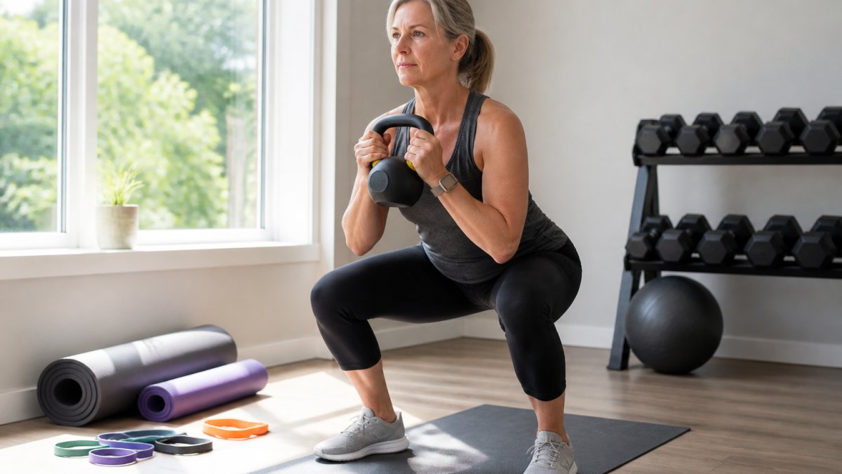 A woman in her fifties performing a weighted squat with a kettlebell in a bright home gym, yoga mat and resistance bands nearby, natural light from a window
