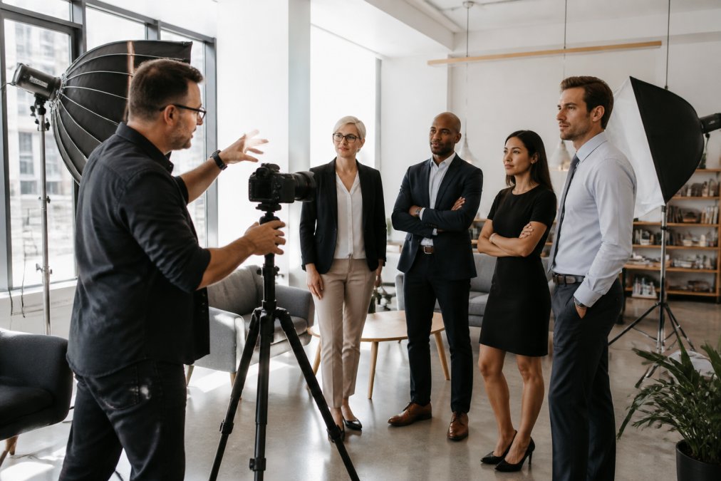 A photographer directing a corporate team during a photoshoot to build a unique brand visual identity in a modern office.
