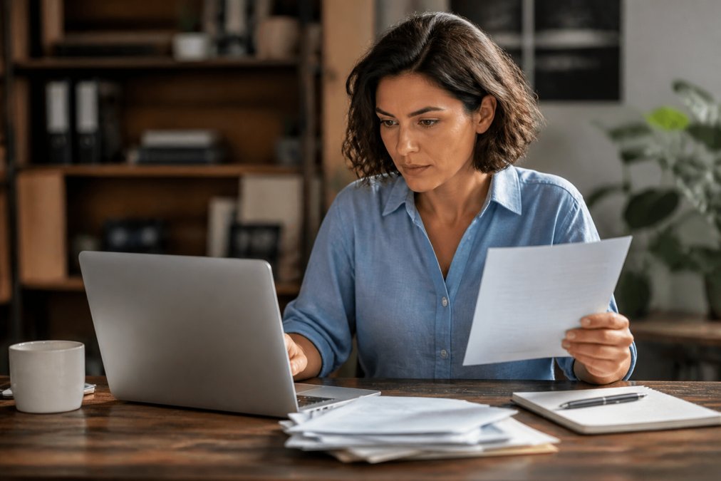 Small business owner sitting at a desk reviewing invoices on a laptop, with a notepad and coffee nearby, focused expression, warm office lighting