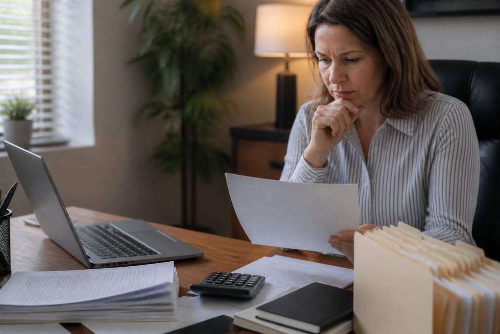 Small business owner reviewing unpaid invoices and payment records at desk with laptop, calculator, and organized invoice folders under warm office lighting