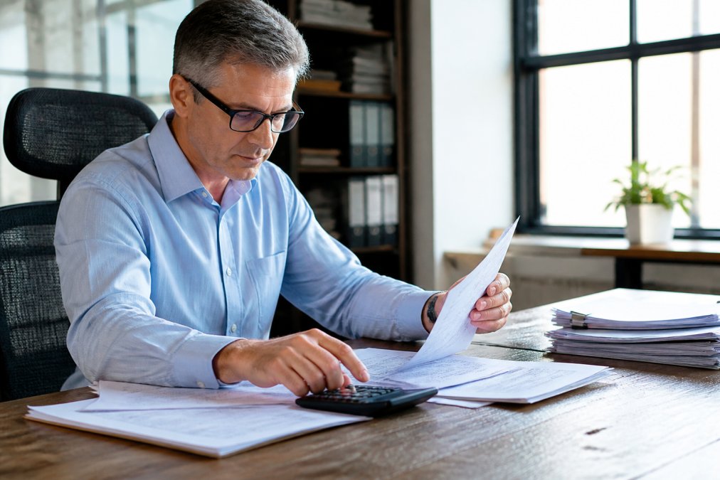 Business owner reviewing invoice records and payment status on a computer screen in an office setting, with financial documents spread across desk