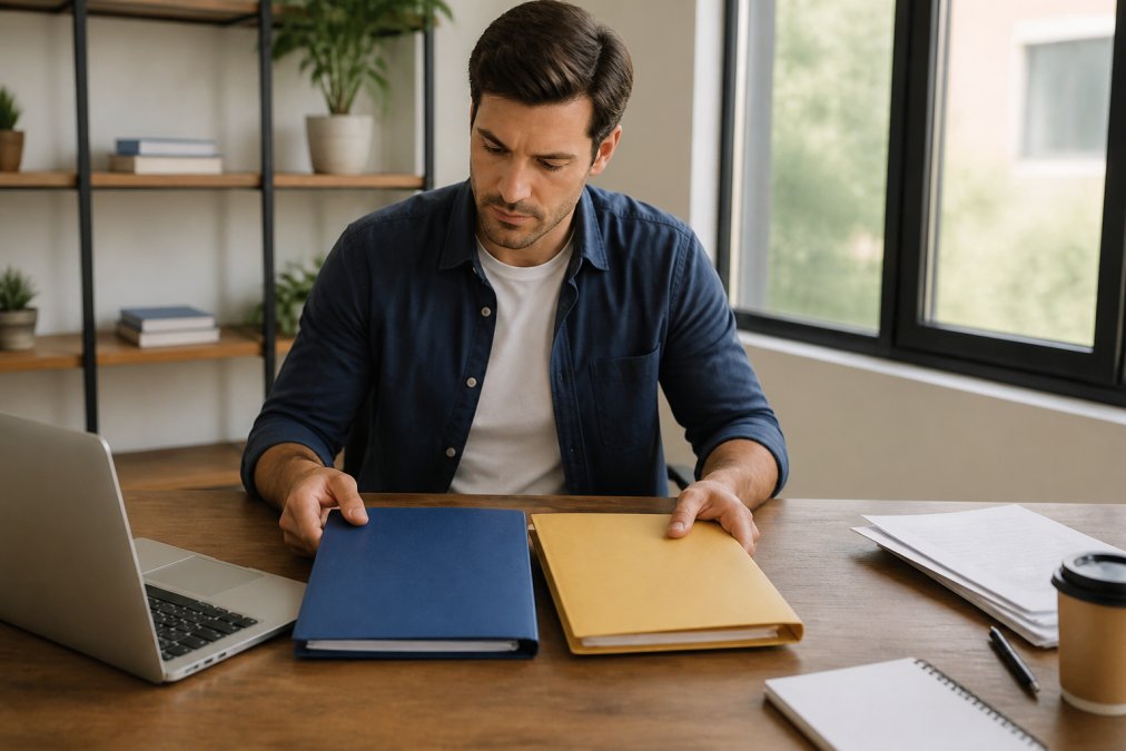 A business owner at a clean desk reviewing two separate folders labeled personal and business while using a laptop in a bright office
