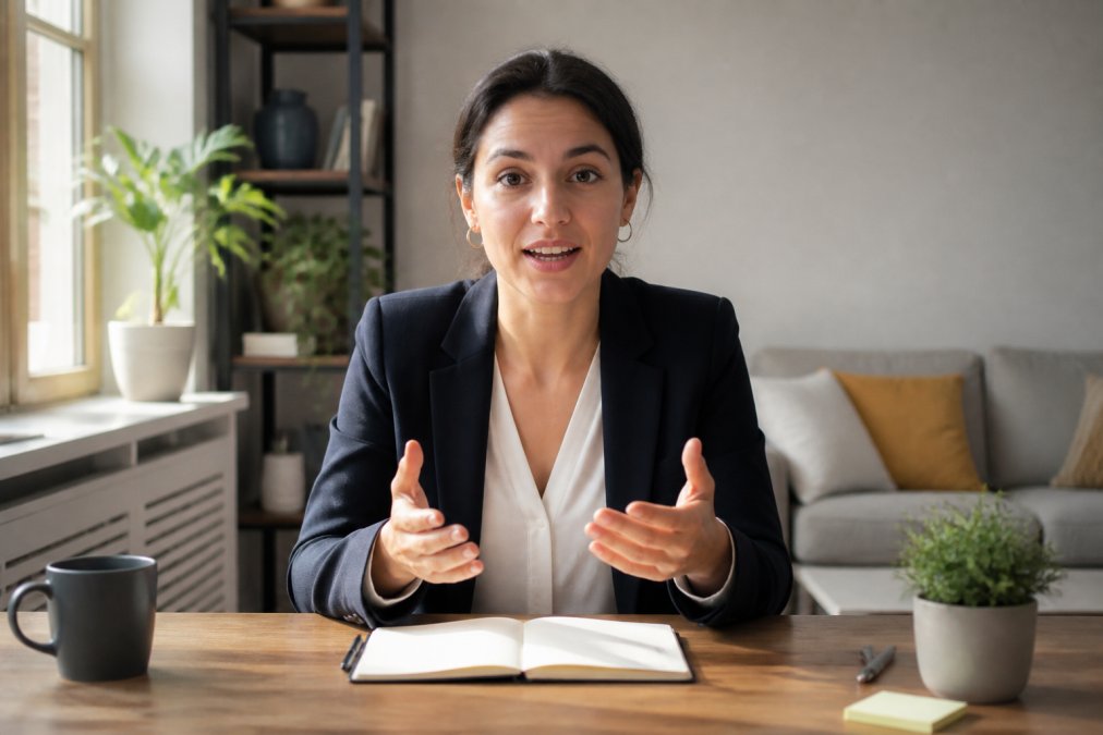 A young professional speaking on a video call in a bright home office, wearing a smart blazer and looking directly at the webcam with natural window light