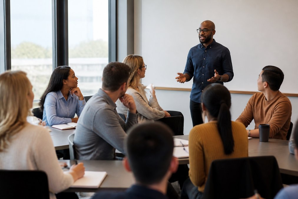 A diverse group of professionals in a modern training room, seated at tables with notebooks, engaged in discussion with a trainer at the front, natural daylight from windows, collaborative atmosphere