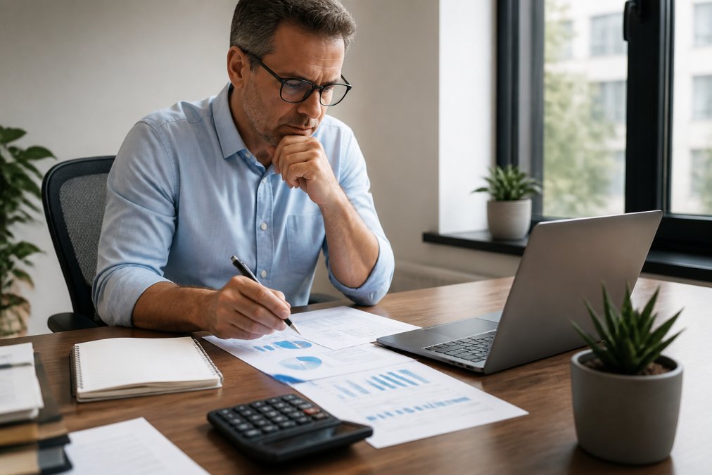 Small business owner reviewing financial reports and profit margins on a laptop at their desk, with calculator and notepad visible, natural office lighting