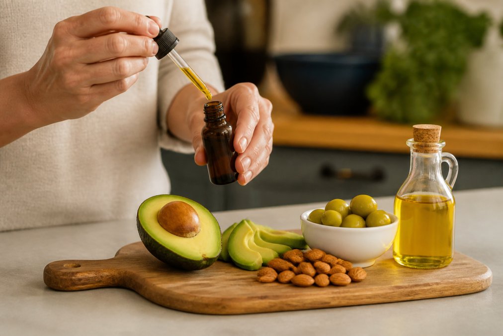 Close-up of hands holding a CBD oil bottle with dropper over a small wooden board displaying fatty foods like avocado slices, almonds, and olive oil, natural kitchen lighting