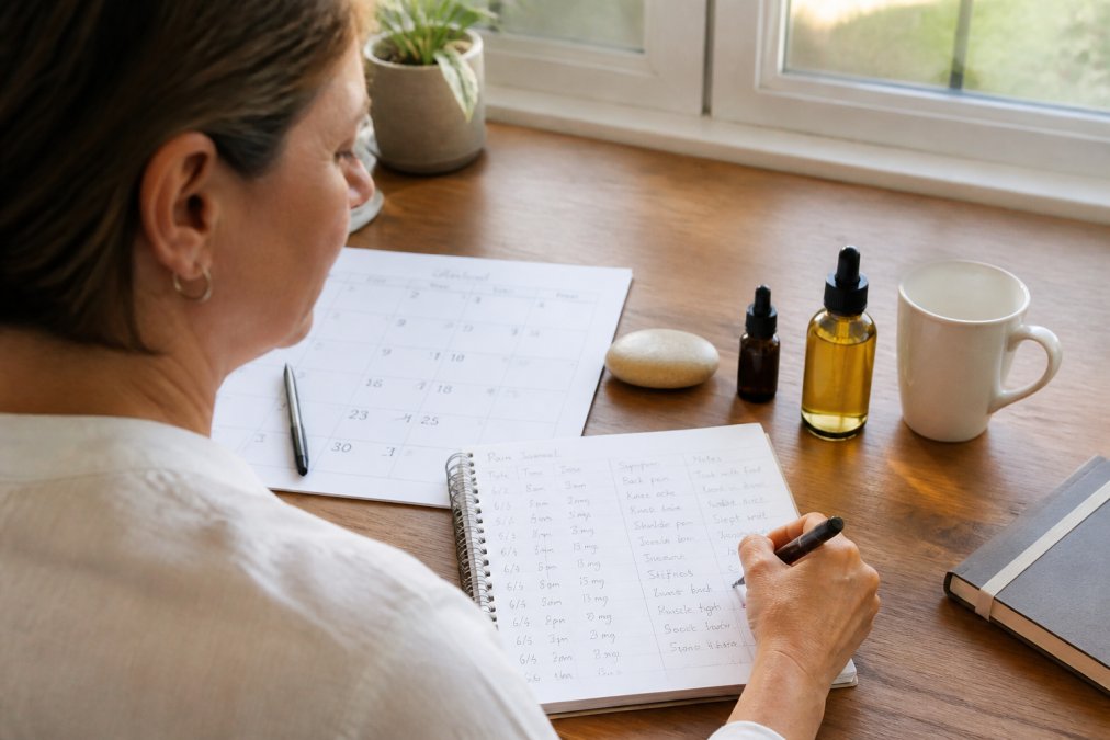 Person sitting at a home desk writing in a pain journal with a calendar, CBD product bottle, and notes about symptoms and dosages visible, natural window lighting