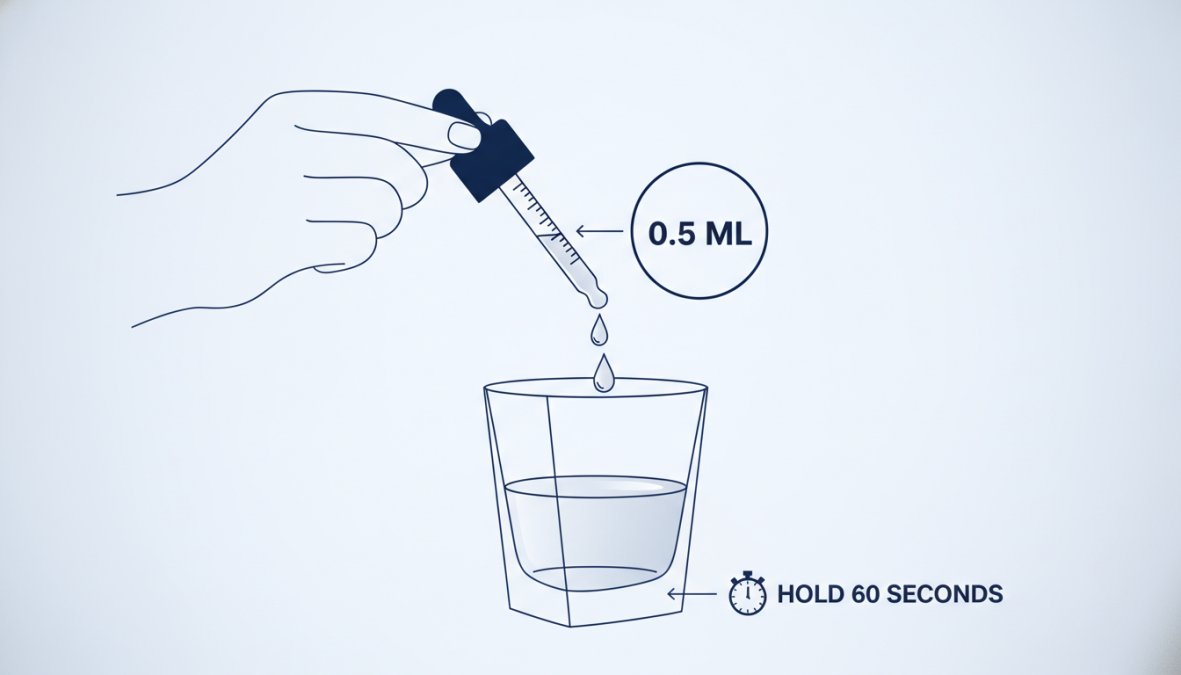Close-up of hands holding a CBD oil dropper over a glass, showing proper dosage measurement with clear liquid visible, warm natural lighting from a window