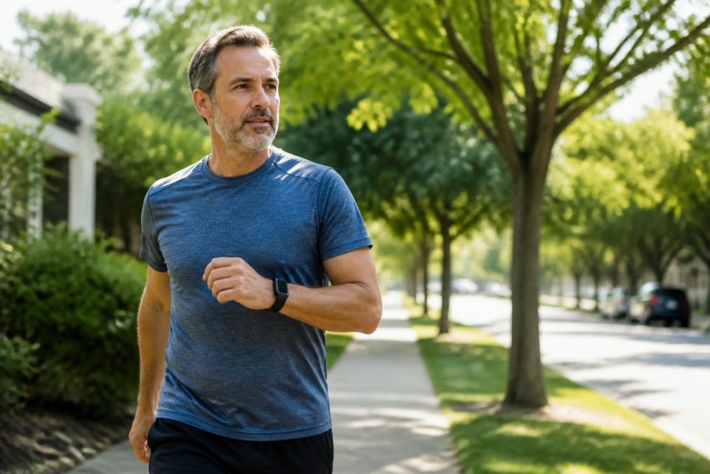 Man in athletic wear walking briskly on a sunny sidewalk to boost cellular energy levels