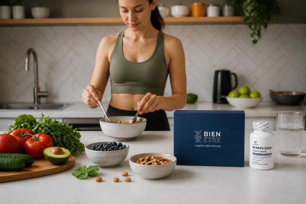 Person preparing a nutrient-dense meal in a bright kitchen, with fresh vegetables, supplements, and a glass of water on the counter