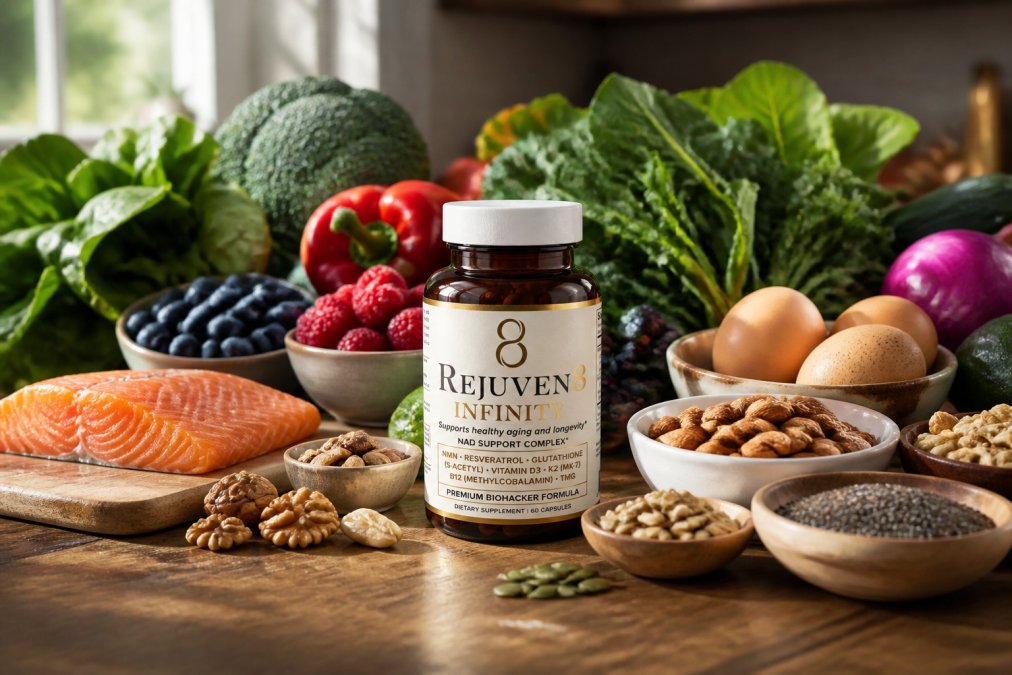 Colorful array of fresh vegetables, leafy greens, wild-caught salmon, organic eggs, nuts, seeds, and berries arranged on a wooden table with natural morning sunlight streaming across the scene