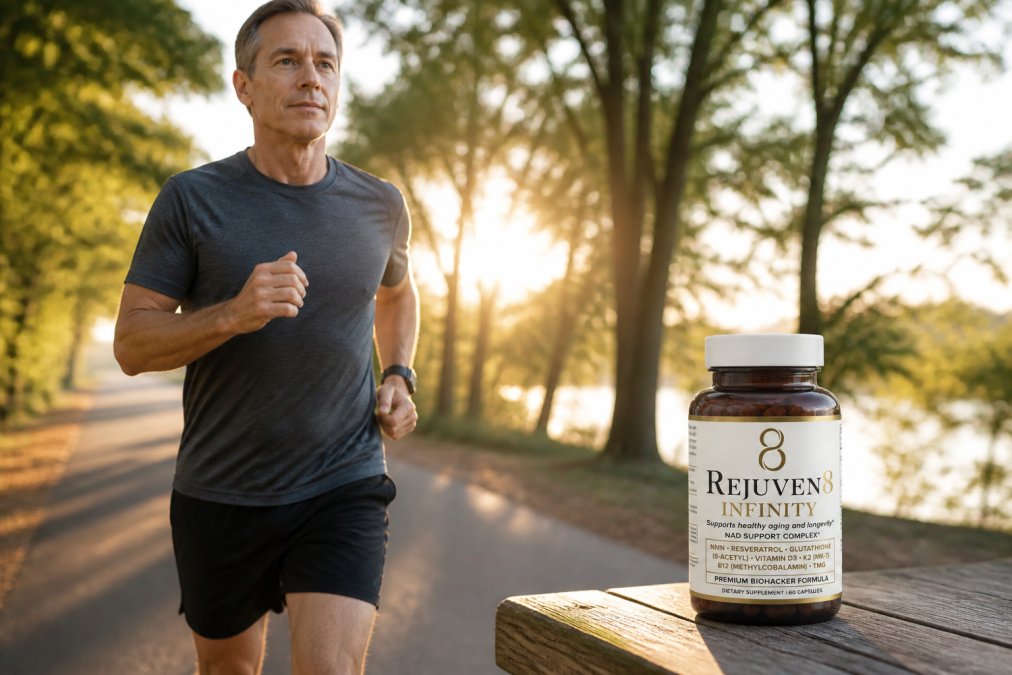 Middle-aged adult performing moderate-intensity jogging outdoors on a tree-lined path during golden morning light, with natural motion and visible effort