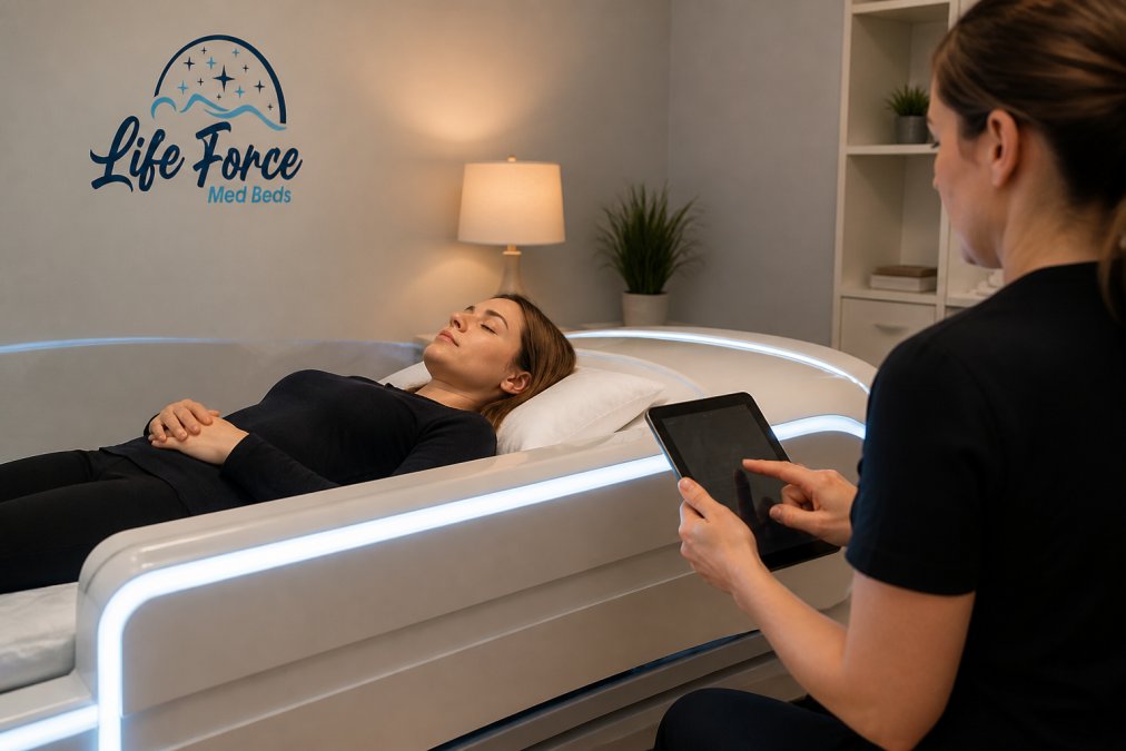 Practitioner adjusting frequency settings for a patient receiving sound therapy in a modern wellness clinic