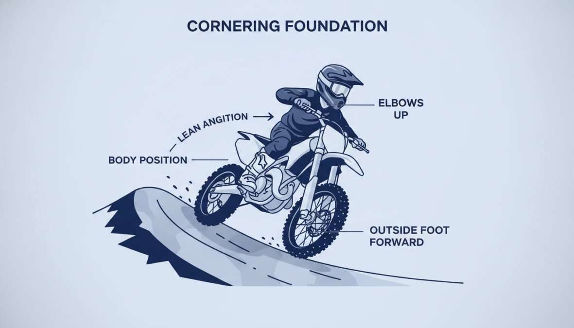 Professional illustration showing how to improve child motocross cornering