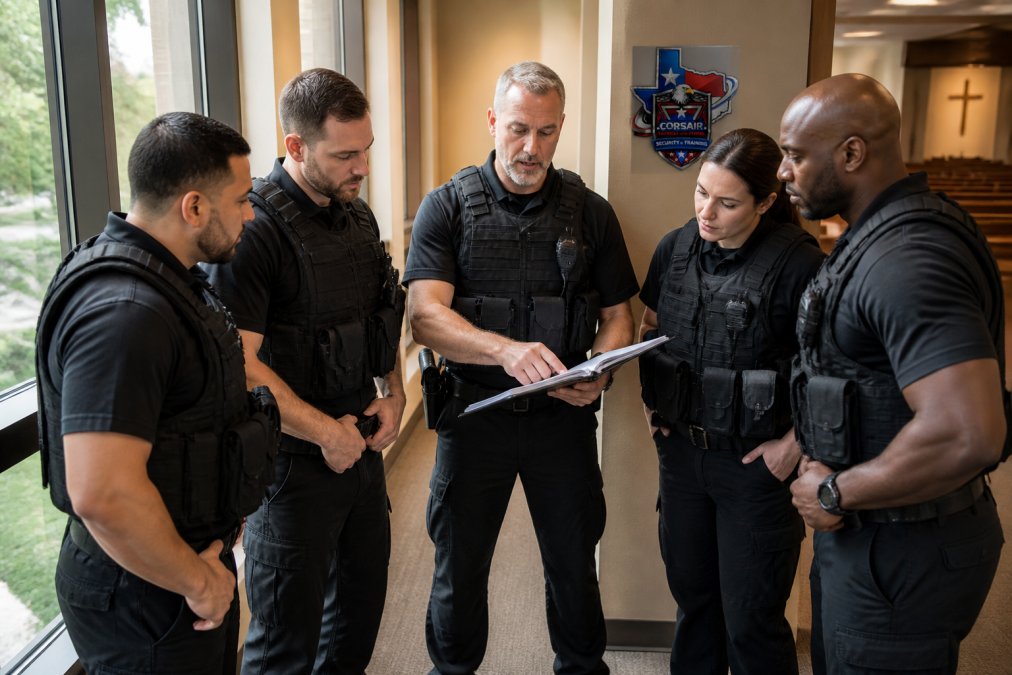 Professional security team members in dark tactical uniforms conducting a safety briefing in a church hallway, reviewing protocols with attentive posture and visible documentation, natural daylight from windows