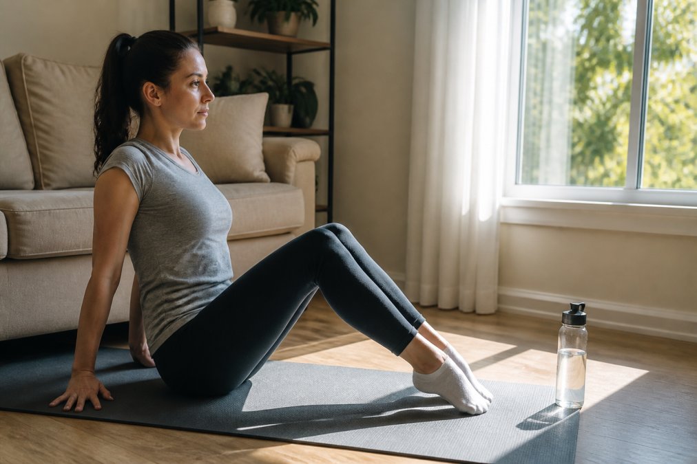 A person in comfortable clothes doing seated calf raises on a living room floor mat, morning light through a window, water bottle nearby