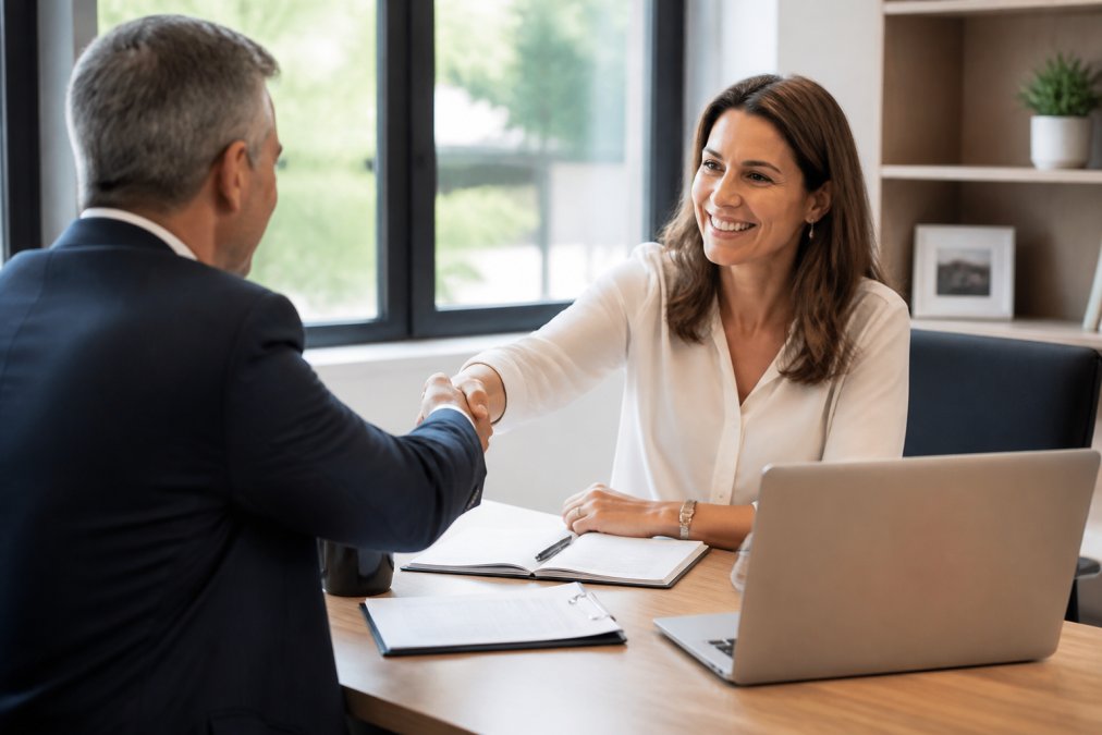 Financial advisor shaking hands with a client to show how to improve client retention in financial services in an office.