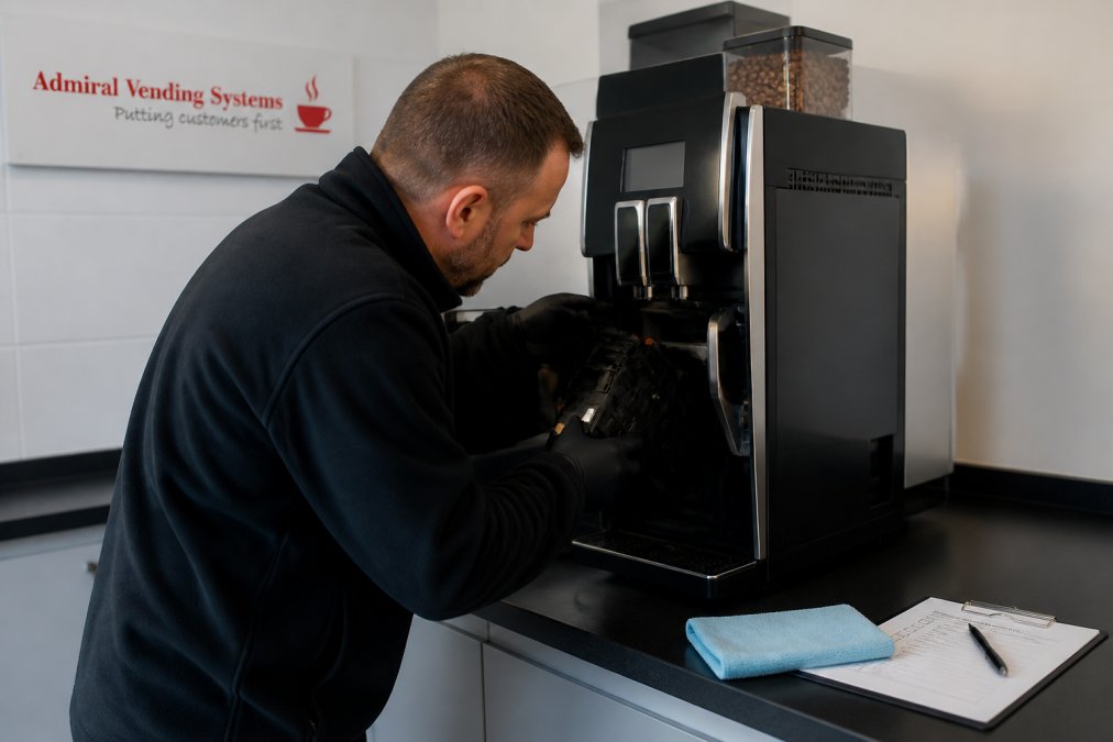 Facilities manager inspecting a bean to cup machine to ensure high coffee quality during routine maintenance