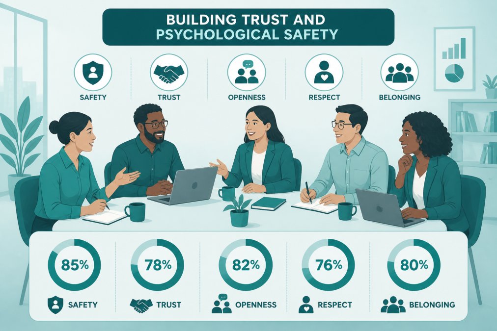 Diverse team of professionals in collaborative discussion around conference table, with relaxed body language and open communication