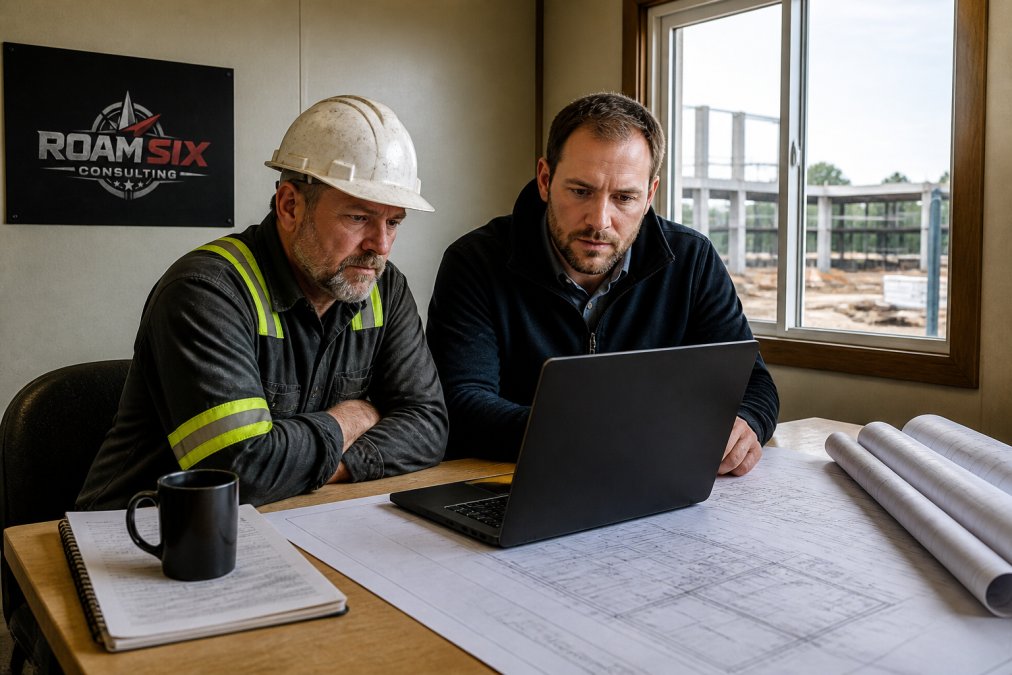Construction owner and controller reviewing a construction cash flow forecast on a laptop at a job site office