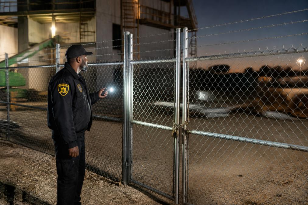 A construction site at dusk with a chain-link fence, warning signage, and motion-activated lights illuminating a locked gate