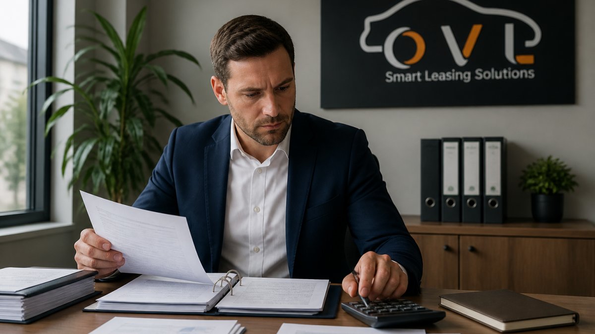 Business professional reviewing financial documents and credit reports at a modern office desk, preparing a van leasing application with organised files and calculator