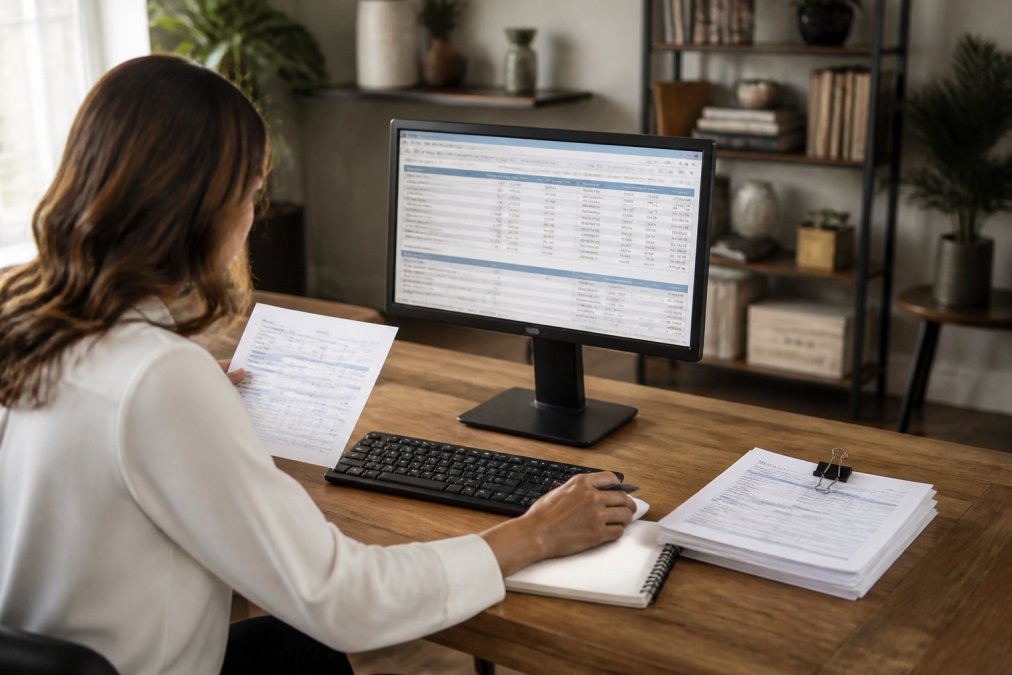 Professional reviewing a credit report on a computer screen in a home office setting