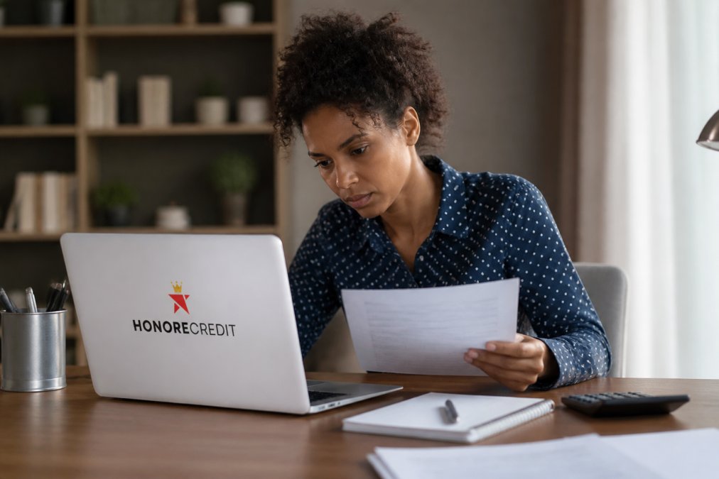 Person reviewing credit report on laptop at home desk with notebook and pen, focused and determined expression