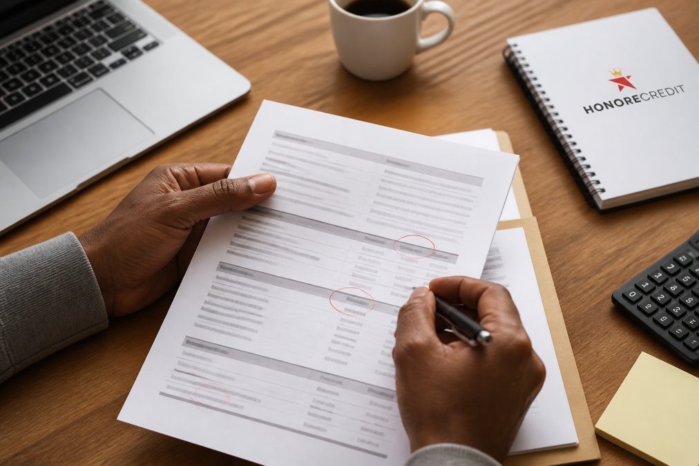 Hands holding printed credit report with pen, circling errors or inaccuracies on the document