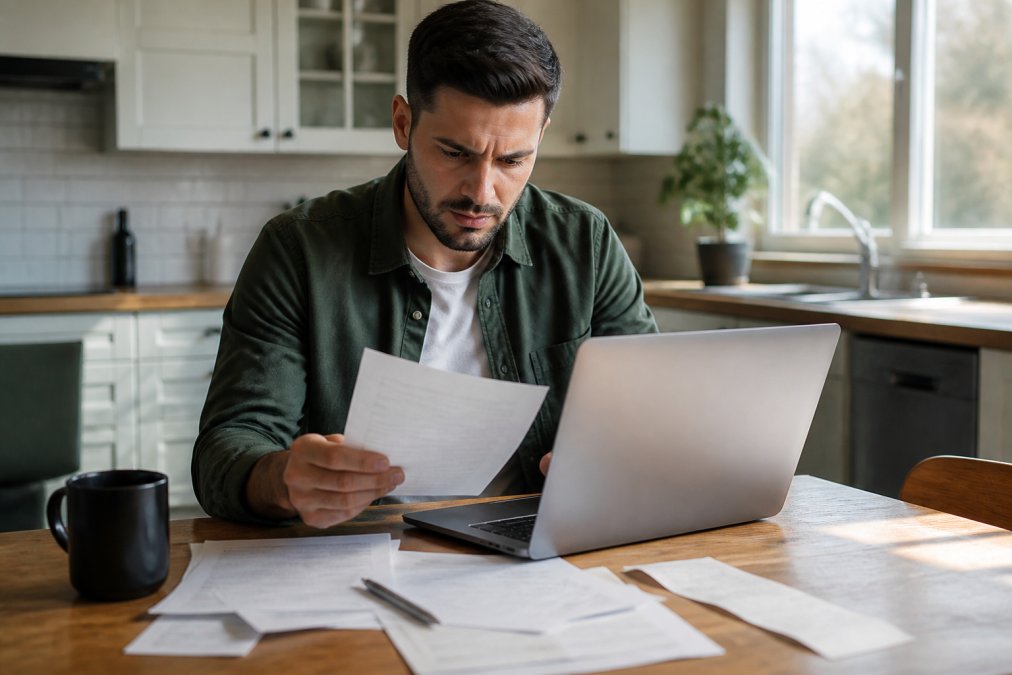 A person sitting at a kitchen table reviewing financial documents on a laptop with a cup of coffee nearby, natural morning light through a window