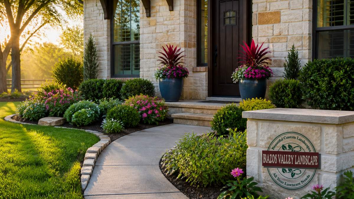 A freshly landscaped front yard with neat foundation shrubs, colorful potted plants flanking a painted front door, and a clean walkway leading to the entry, photographed in soft morning light