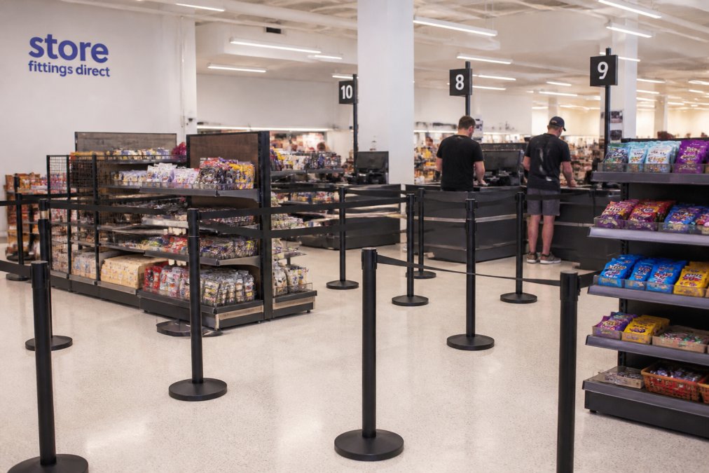 Professional retail checkout area with organised queue barriers creating clear customer pathways, branded signage above tills, and merchandise displays positioned within the queue zone under bright store lighting