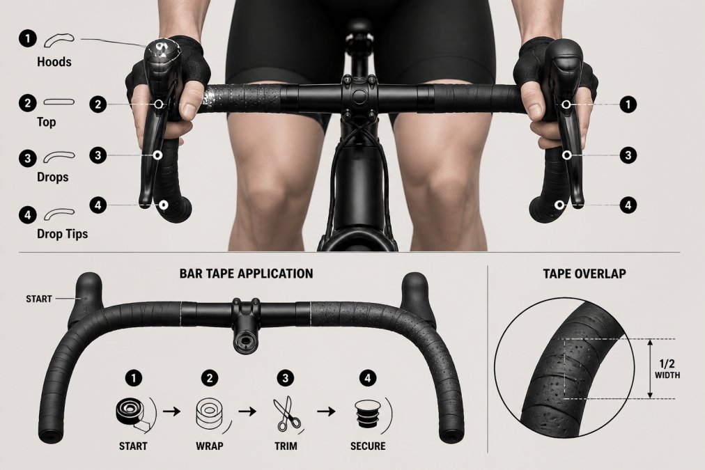 Cyclist's hands gripping drop handlebars on a road bike, showing proper hand positioning with multiple grip zones and bar tape application in natural outdoor lighting