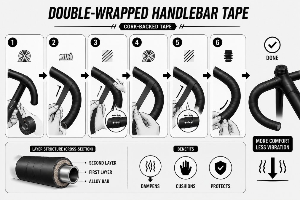Cyclist's hands demonstrating double-wrapped handlebar tape technique on aluminum alloy bars, showing the layering and overlap process with cork-backed tape in bright workshop lighting