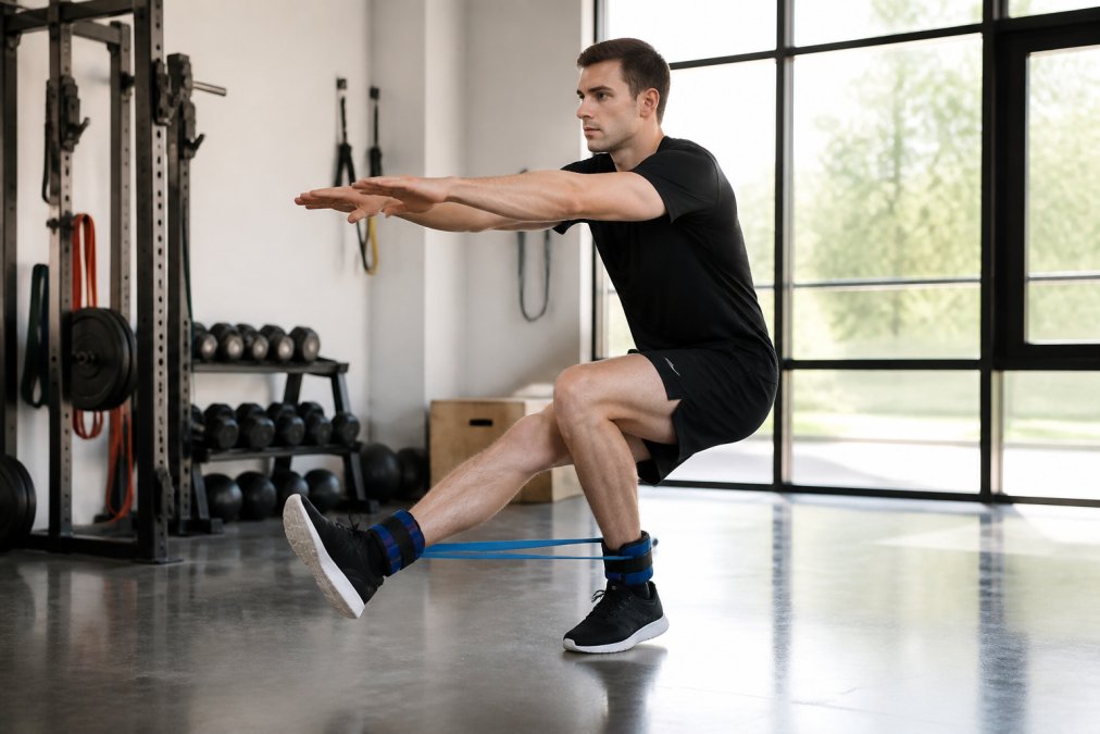 A cyclist performing single-leg squats in a bright training facility, wearing athletic gear with adjustable weighted ankle bands, focused expression, resistance bands visible around ankles, polished floor and gym equipment in background