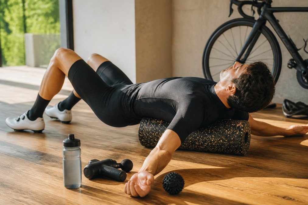 A cyclist lying on a foam roller on a wooden gym floor after a ride, wearing full cycling kit, water bottle and massage tools nearby, warm natural light from a side window