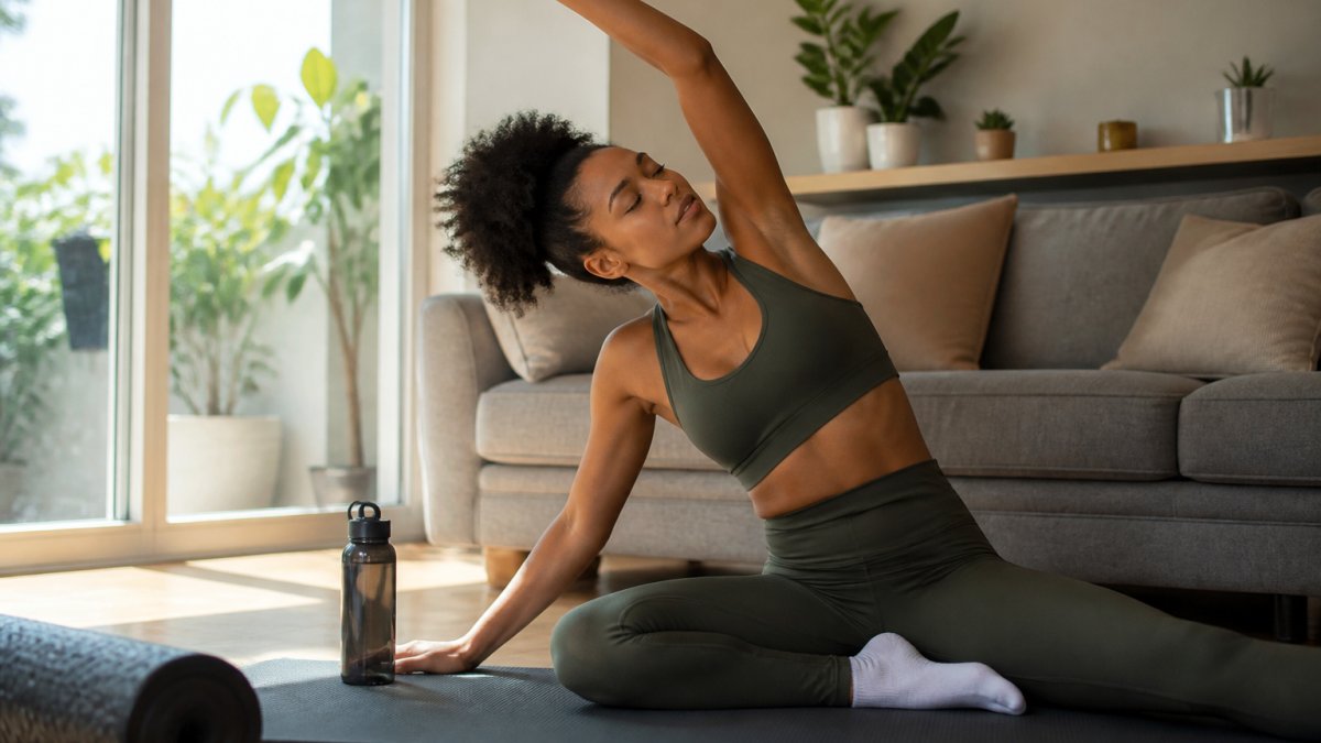 Person in athletic wear stretching on a mat in a sunlit living room with a foam roller nearby