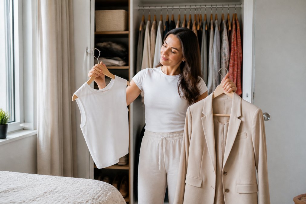 Woman in a sunlit bedroom choosing an outfit to boost her daily style efficiency with a blazer and tank top.