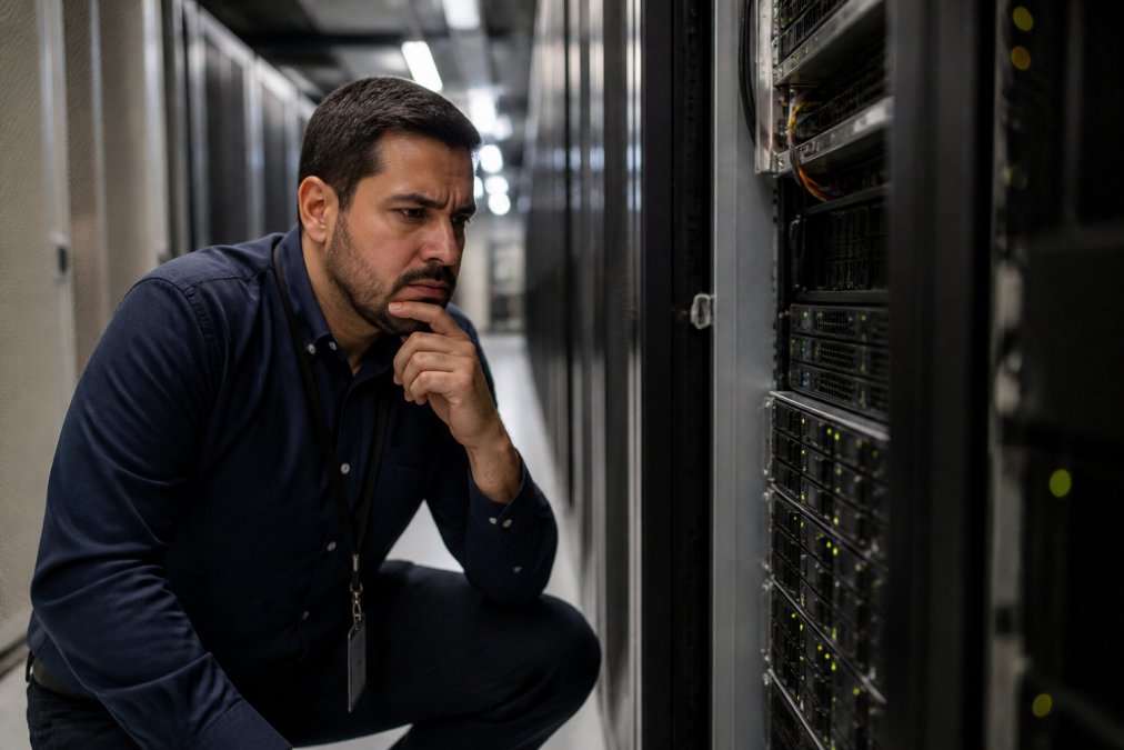 A database administrator focused on multiple monitors displaying code and query logs in a dimly lit server room, with a concerned expression as they trace a performance issue