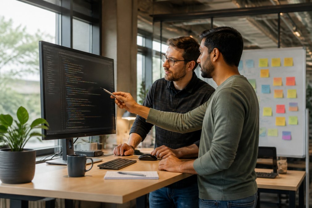 Two software engineers collaborating at a standing desk, reviewing SQL code on a large monitor, with sticky notes and a whiteboard visible in the background of a modern tech office