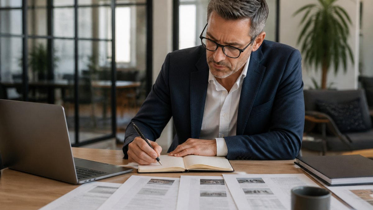 A leader at a desk with a notebook, laptop, and printed options laid out, writing notes and comparing choices in a bright office