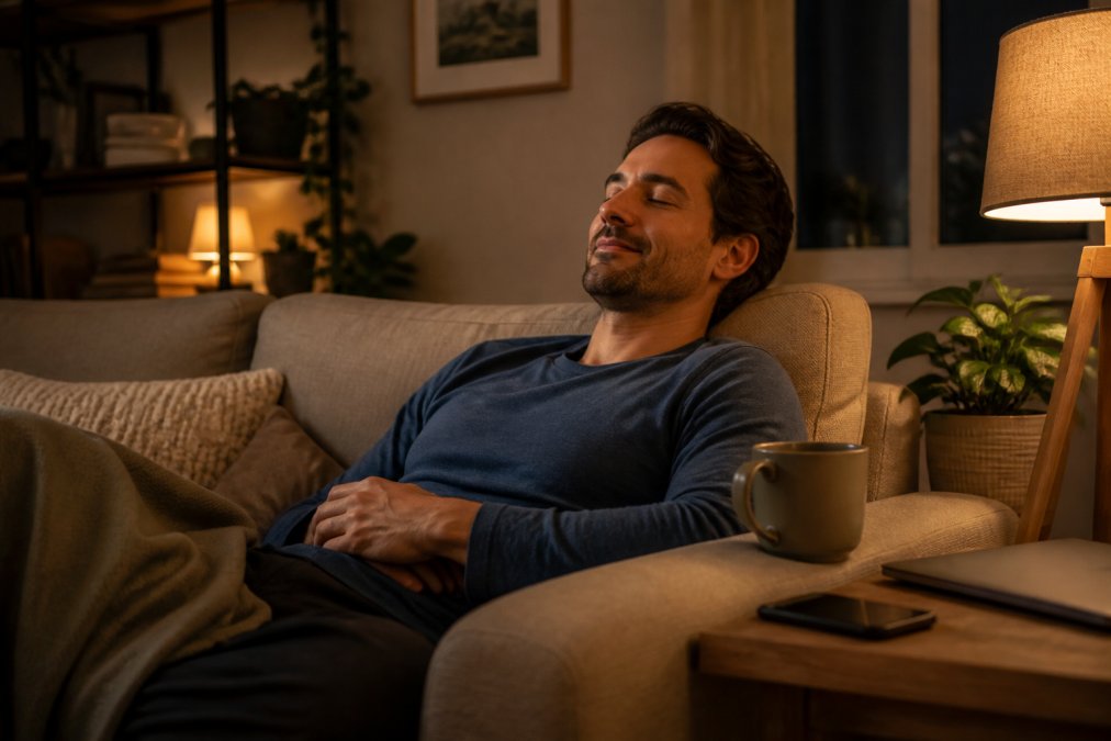 A person in their thirties in a dimly lit living room at night, phone face down on a side table, laptop closed, a mug of herbal tea on the arm of the sofa, warm lamp light and a calm expression