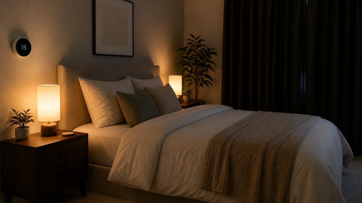Serene bedroom environment with dim warm lighting, blackout curtains, cool temperature setting visible on thermostat, neatly made bed with quality linens, and minimal clutter creating an ideal sleep space