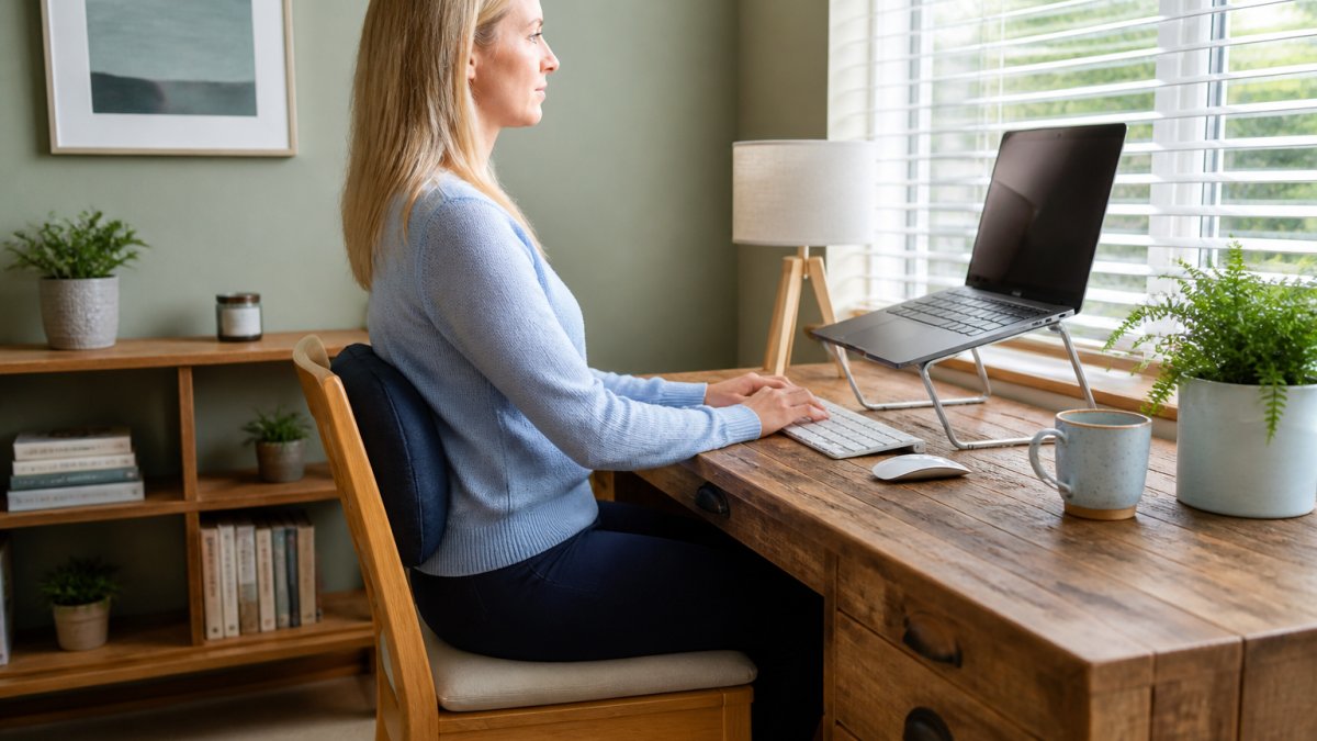 Person sitting at an ergonomic home desk with good desk posture and a lumbar cushion for back support.