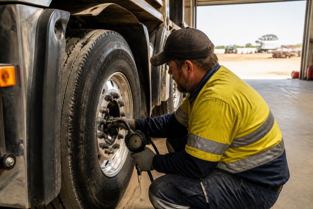 A mechanic in a rural Australian workshop using a digital tyre pressure gauge on a large heavy-duty truck wheel, dusty yard visible through the open roller door behind him