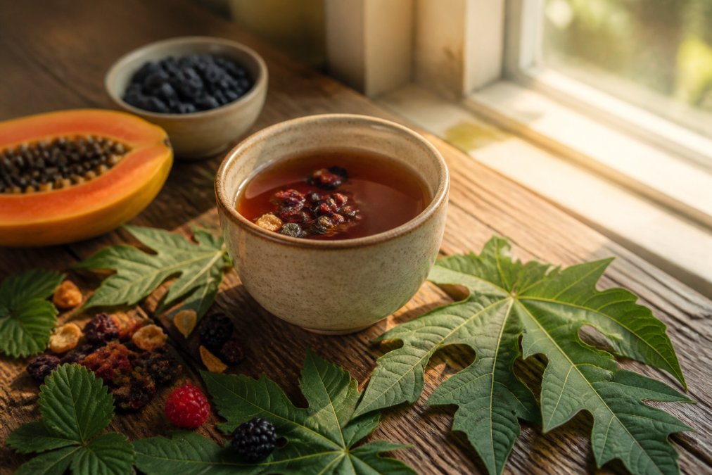A warm ceramic cup of loose leaf fruit tea on a rustic wooden table, scattered papaya and berry leaves around the base, soft morning light streaming through a nearby window
