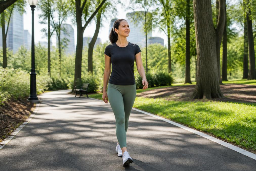 A person in casual athletic wear taking a brisk walk in a sunlit city park, looking relaxed and energized