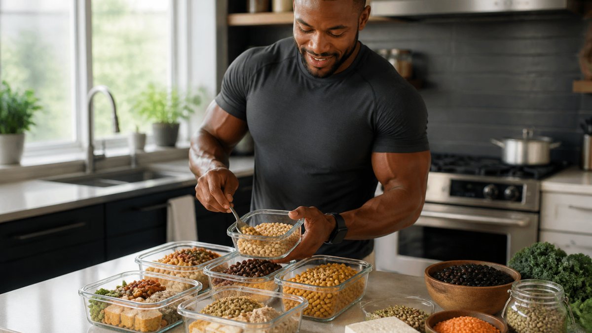Athlete in a modern kitchen preparing plant-based meals with beans, lentils, tofu, and whole grains measured into meal prep containers on a clean counter with natural window lighting