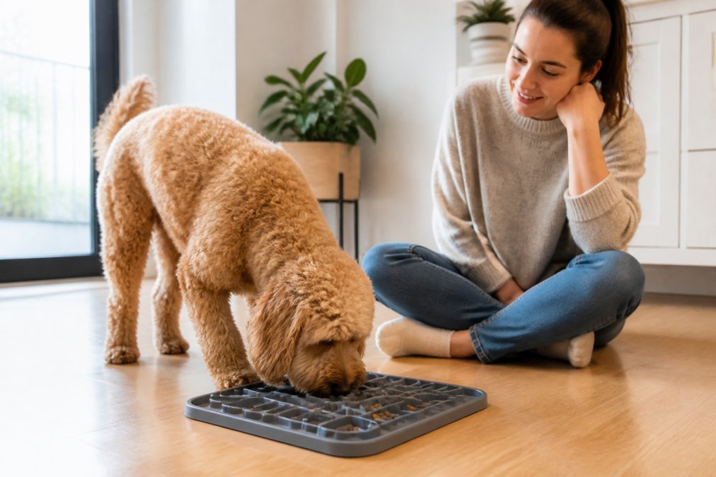 Dog eating from a slow feeder puzzle mat in a bright home setting, owner watching nearby as pet engages with hidden kibble
